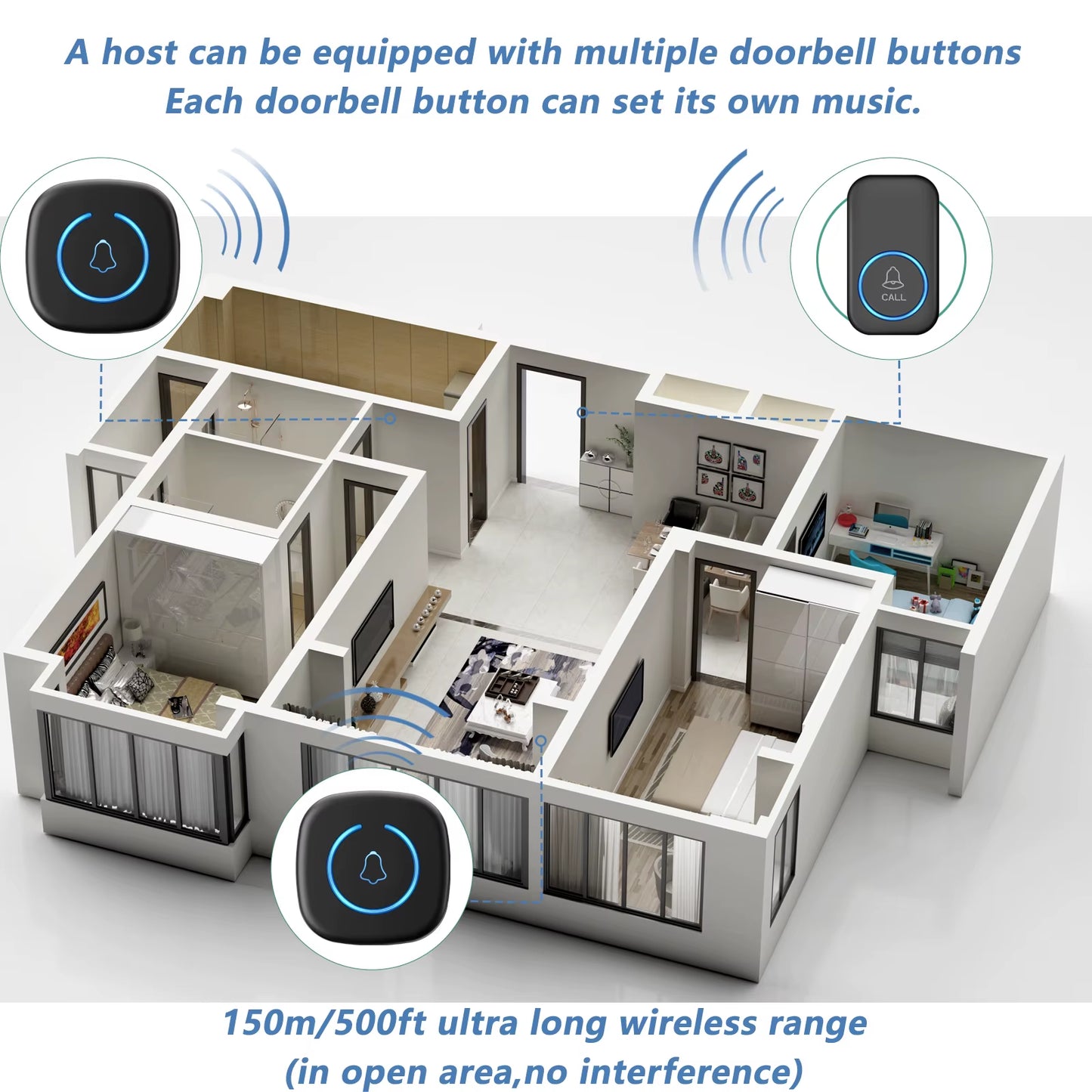 Wireless Doorbell Intelligent Welcome Door Bell 300M/984 FT Remote 60 Songs Melodies Home Smart Doorbell US EU Plug Optional